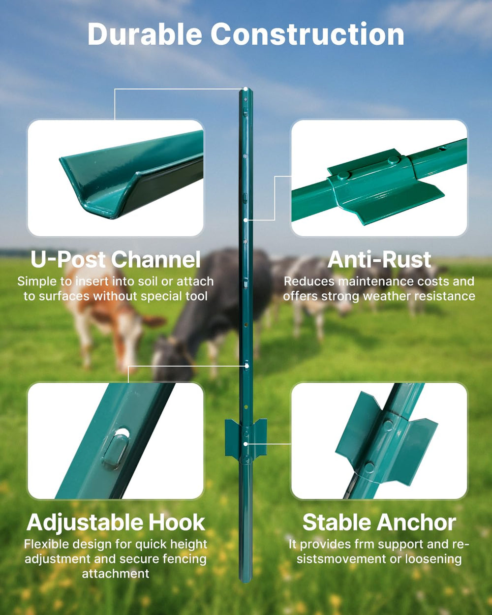 ARIFARO Fence Posts 4 Feet, 16-Pack, Heavy Duty U Post, Metal Fence Post