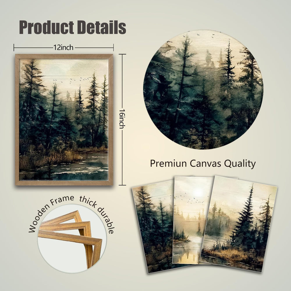 3Pcs Framed Wall Art Forest Landscape Canvas Poster Nature Painting Wall Deco...