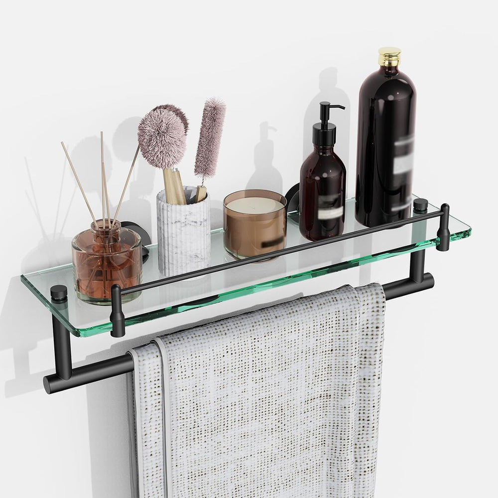 Bathroom Towel Rack with Tempered Glass Shelf 16 Inch, Matte Black Floating W...