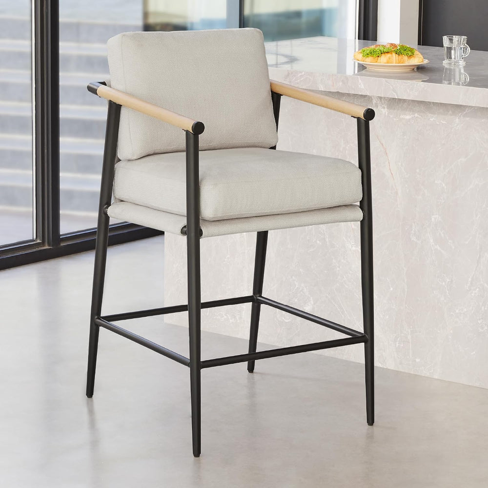 Watson & Whitely Mid Century Modern Barstools Set of 2, Fabric in Beige