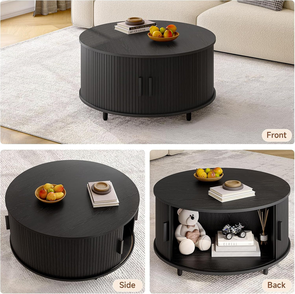 ONBRILL 31.5" Round Coffee Table with Storage Adjustable Footpads Black