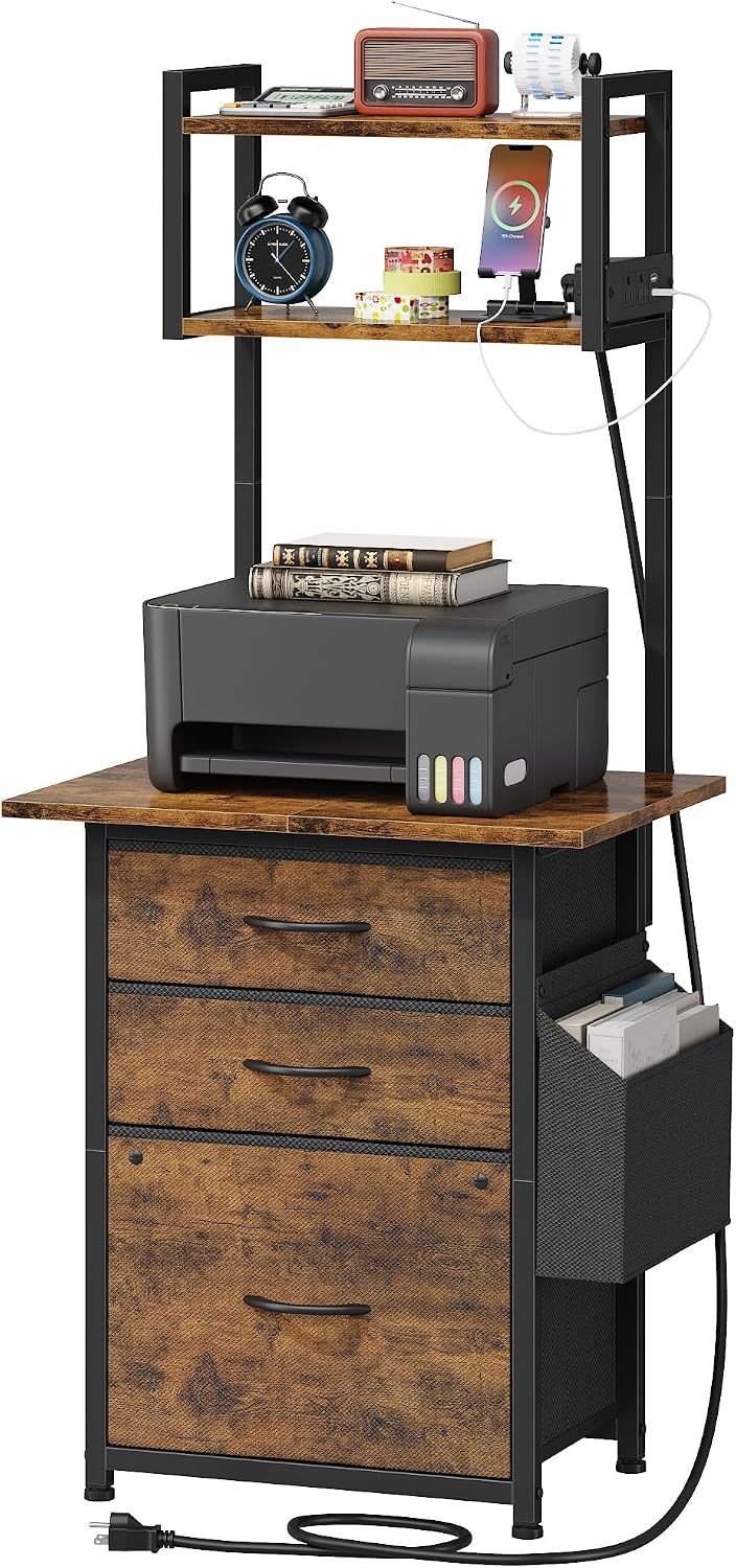 HIGDBFE 3 Drawer File Cabinet with Charging Station, 49''H Tall, 3-Tier Small Filing Cabinet for Home Office, 20''*15'' for Small Printer, Fabric Drawer, Printer Stand, Rustic Brown