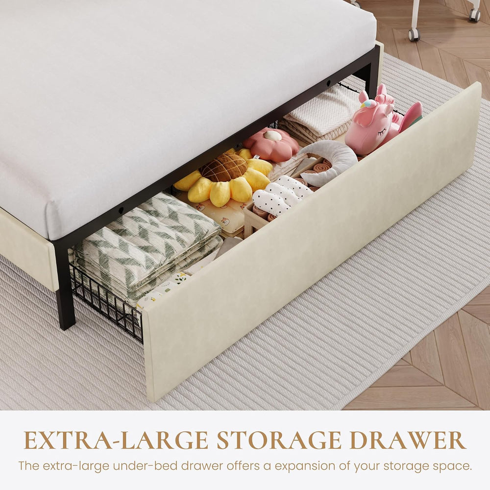 SHA CERLIN Full Size Bed Frame with LED Lights and Storage Drawer, Cream