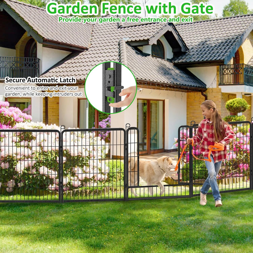 Decorative Metal Garden Fence with Gate Dog Fence Outdoor for Yard, 32in(H) x...