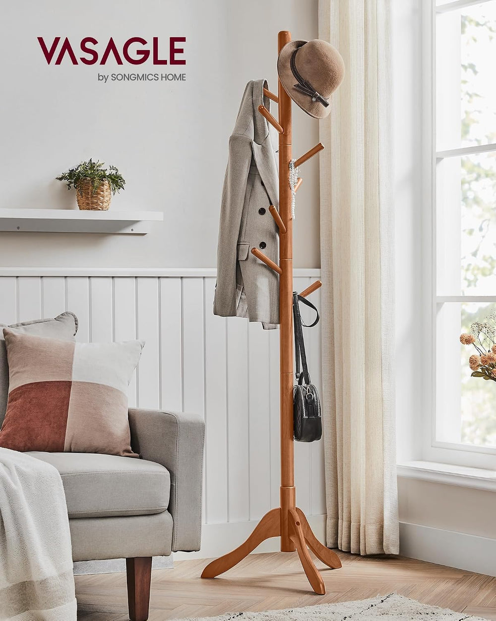 VASAGLE Solid Wood Coat Rack, Free Standing, Tree-Shaped, with 8 Hooks