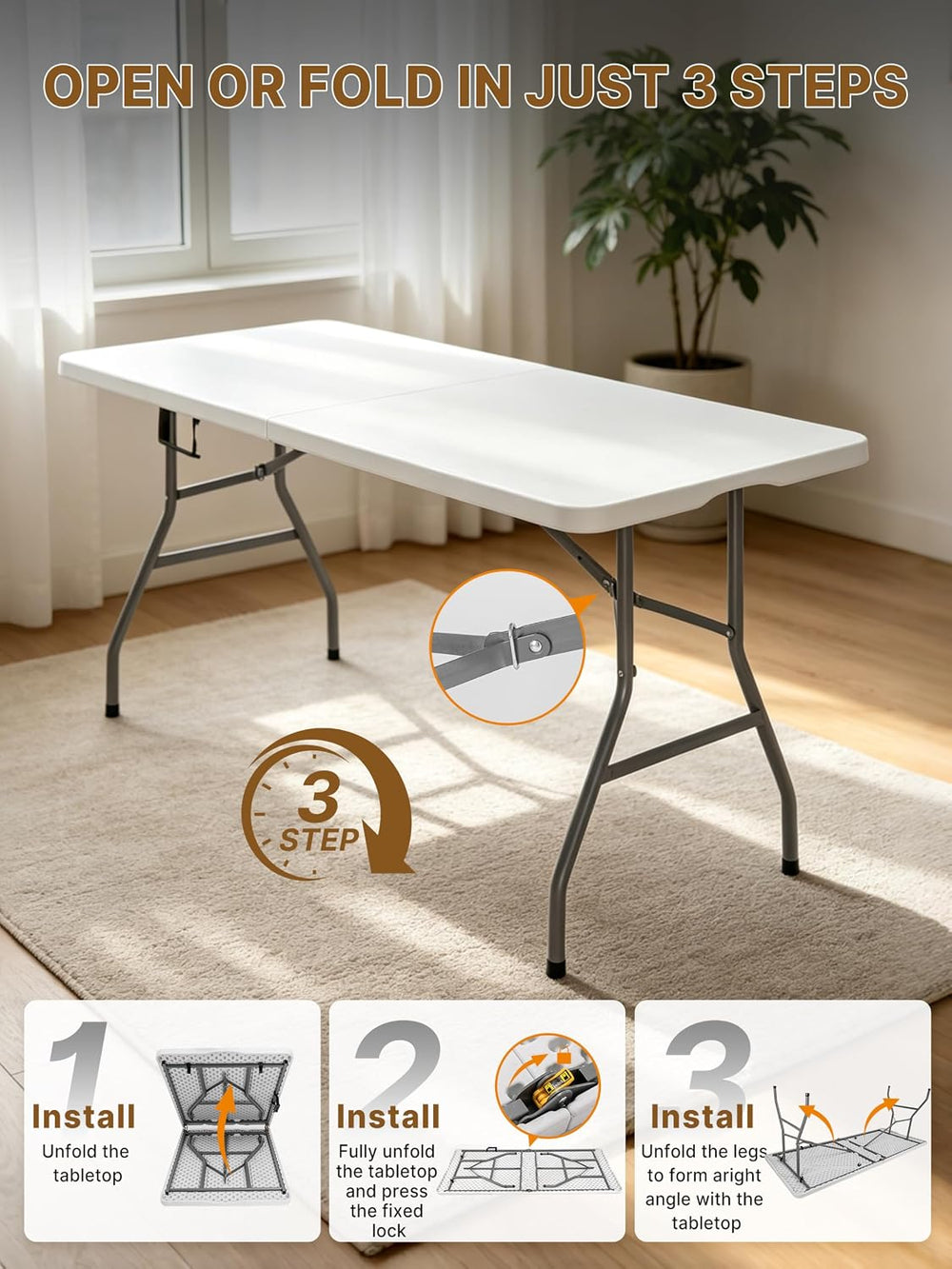 7FT Folding Table, Heavy Duty Fold-in-Half Portable Plastic White
