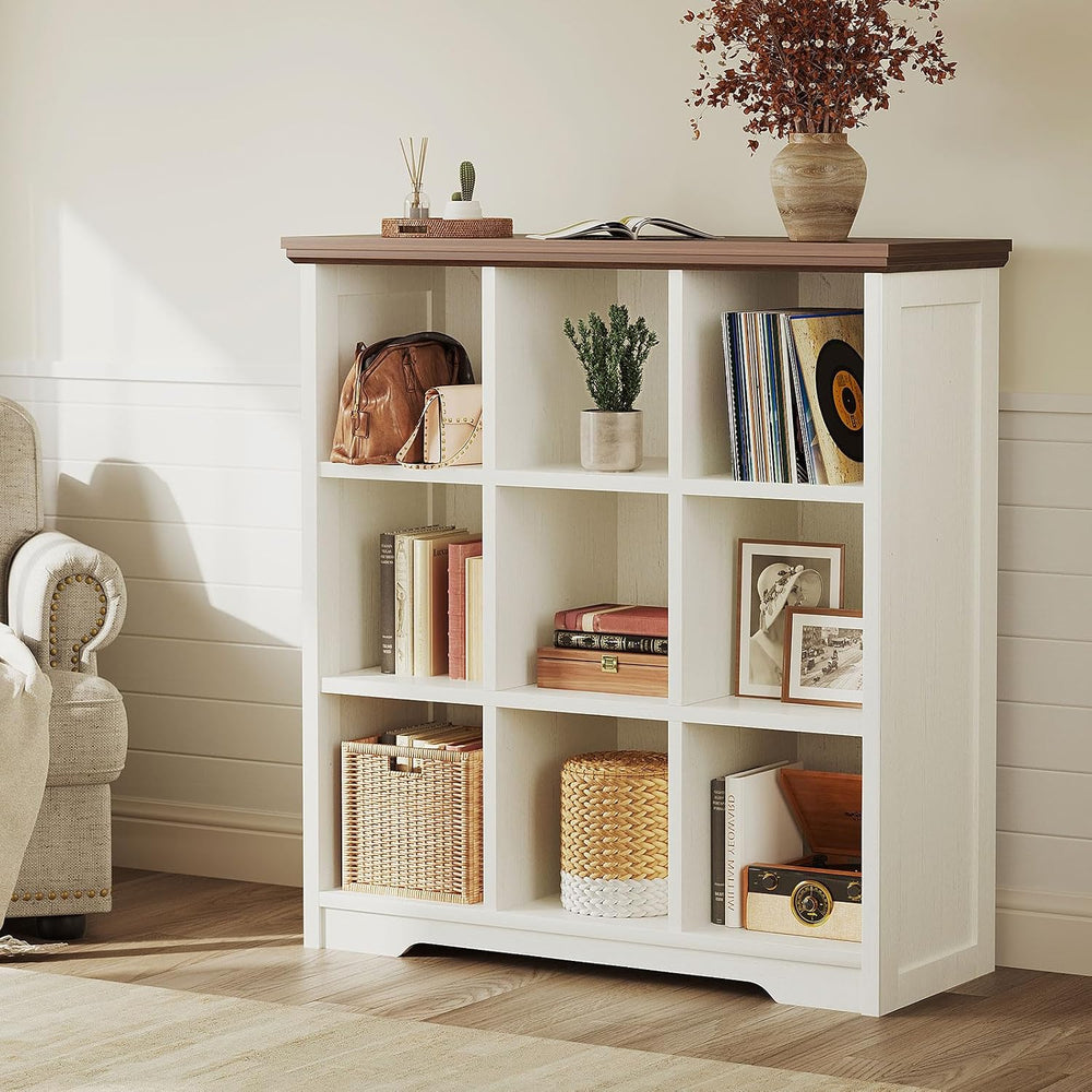 OffiGo 9 Cube Organizer Bookcase, Cube Shelf with Storage, Walnut + White