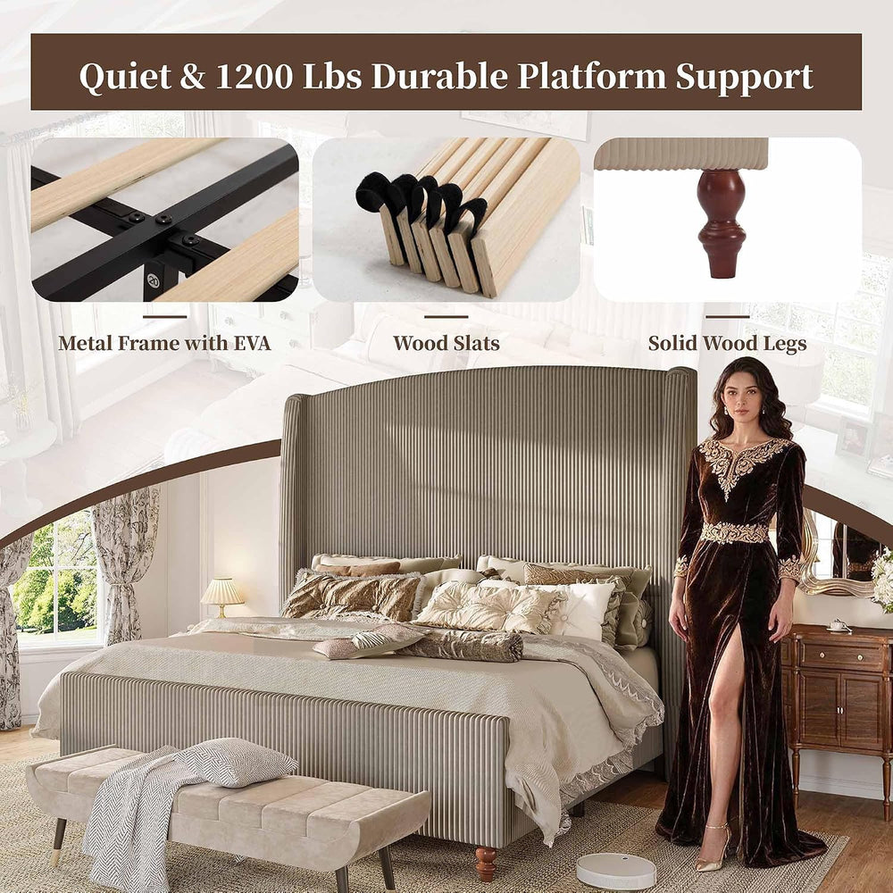 King Size Upholstered Platform Bed Frame with 66" Tall Headboard, Gray