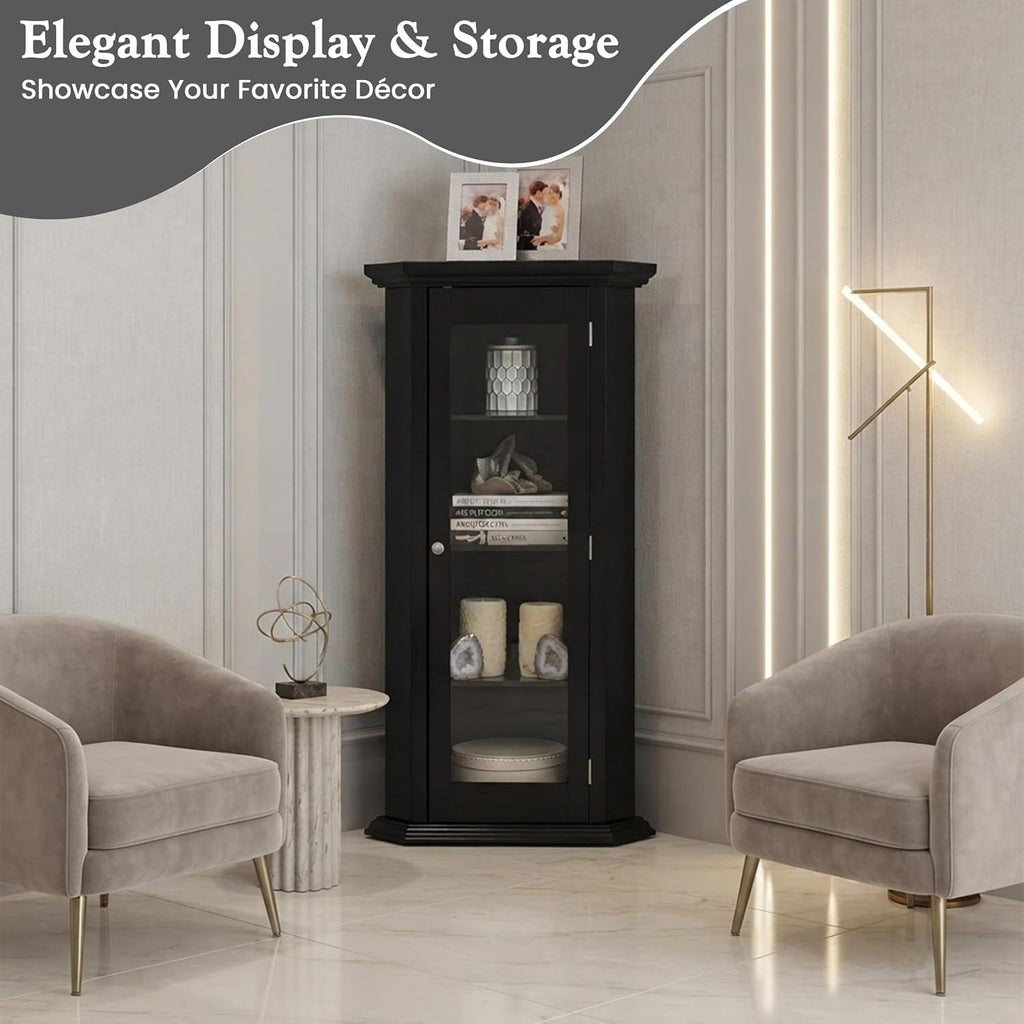 Kings Brand Corner Curio Display Cabinet w/Glass Door & Shelves, Black
