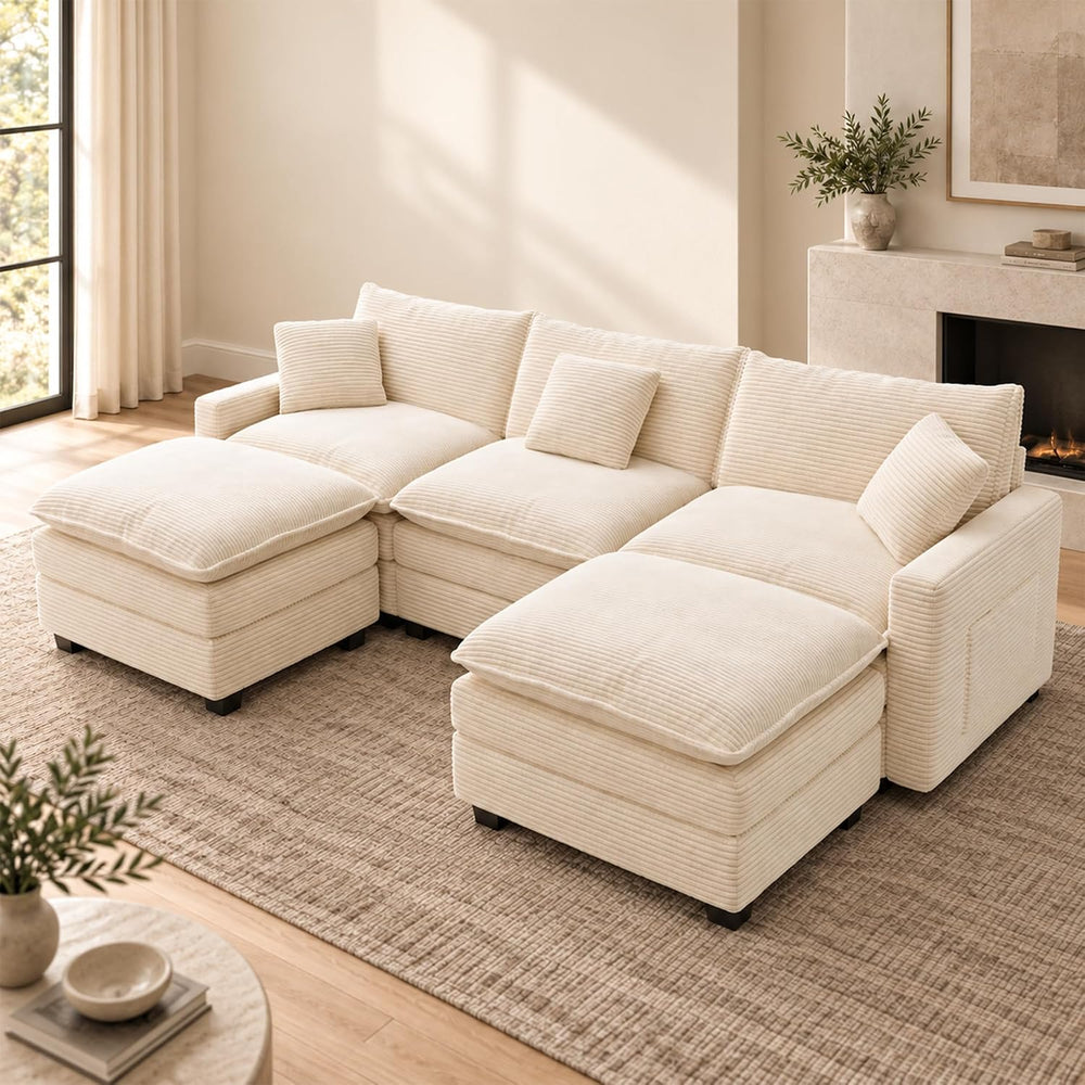 U Shaped Modular Sectional Sofa, 107" Cloud Couch with 2 Movable Ottomans