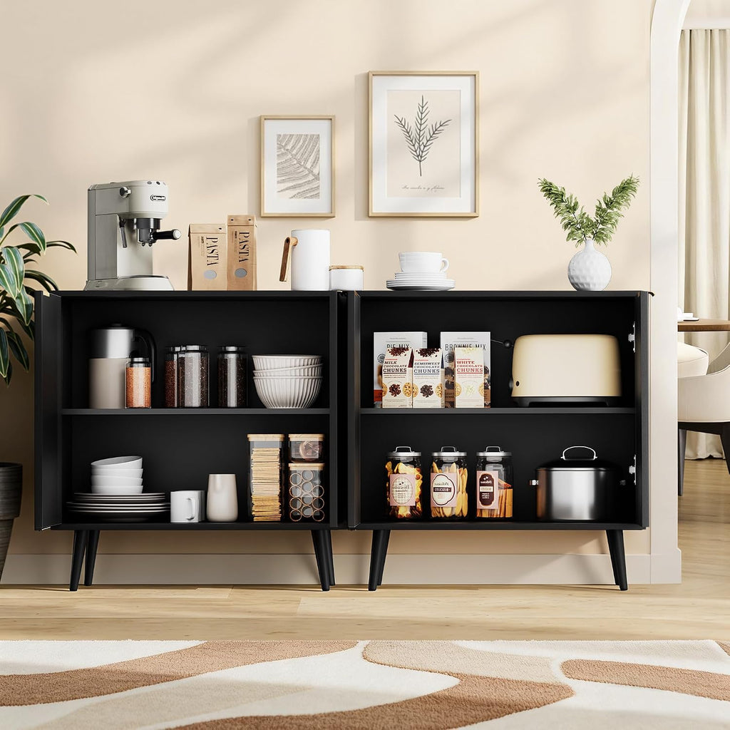 Fluted Storage Cabinet, Buffet Cabinet with Storage, Wood Sideboard with Adjustable Shelf, Modern Accent Cabinet & Console Table for Entryway, Living Room, Dining Room, Black