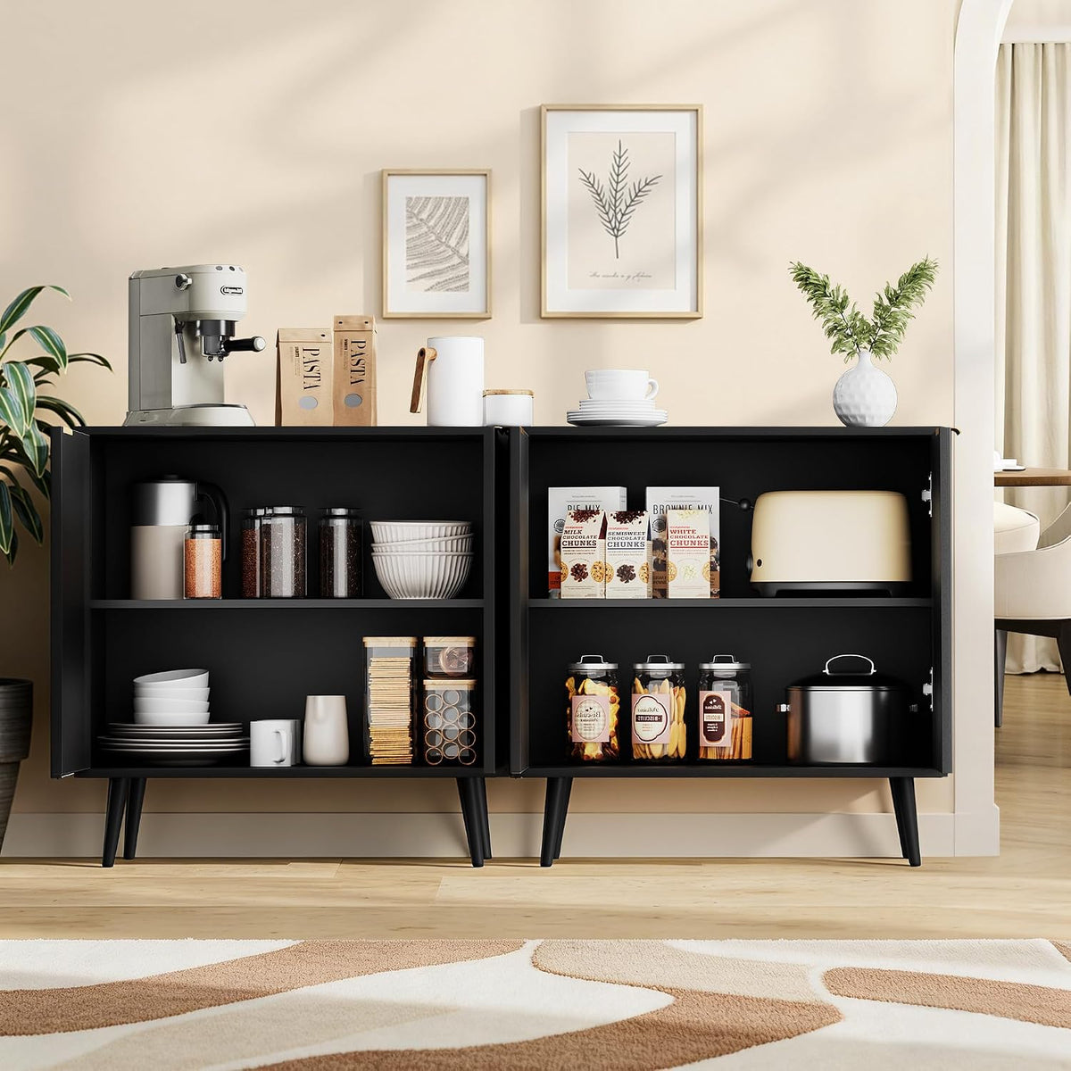 Fluted Storage Cabinet, Buffet Cabinet with Storage, Wood Sideboard with Adjustable Shelf, Modern Accent Cabinet & Console Table for Entryway, Living Room, Dining Room, Black