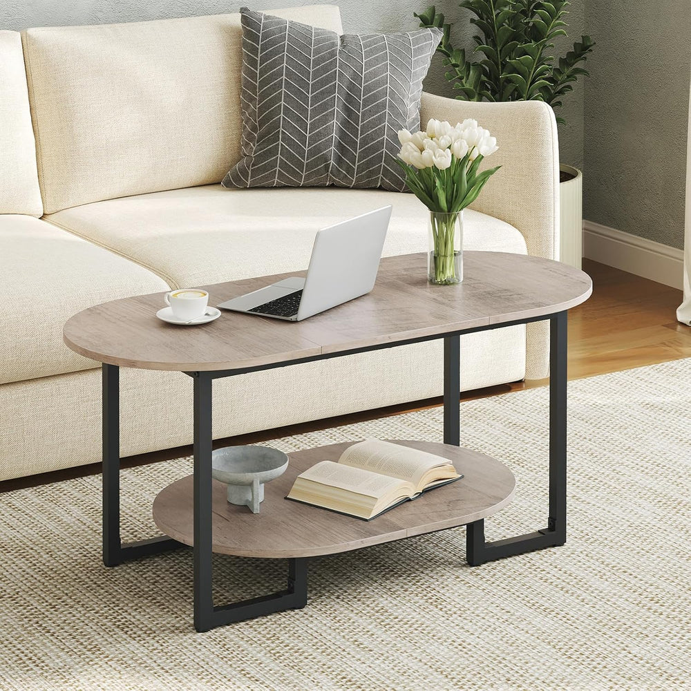 HOOBRO Coffee Table for Living Room, Oval Small Coffee Table with 2-Tier Open...