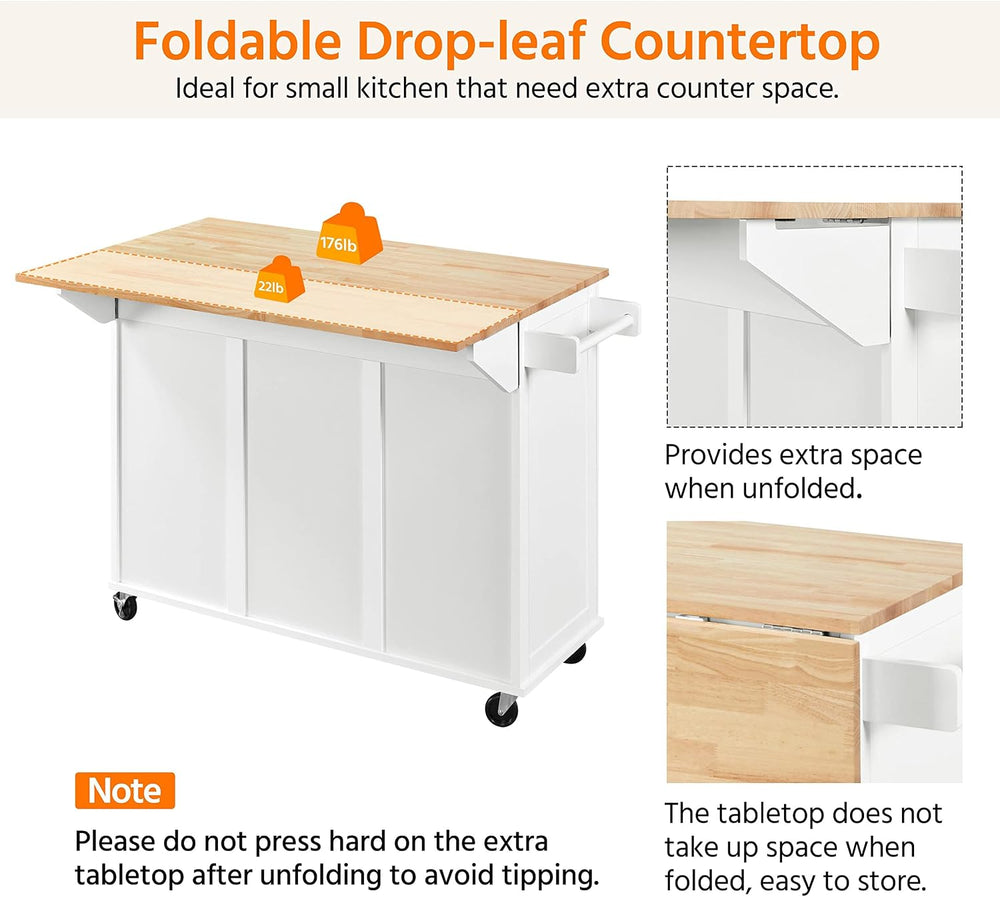 Yaheetech 53" Width Rolling Kitchen Island with Storage, Dropleaf, White