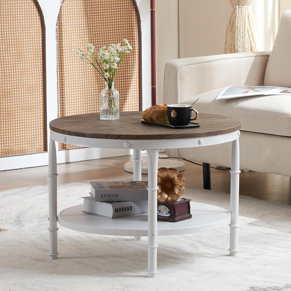 VINGLI 25.6" Round Farmhouse Coffee Table with Storage, Dark Walnut White