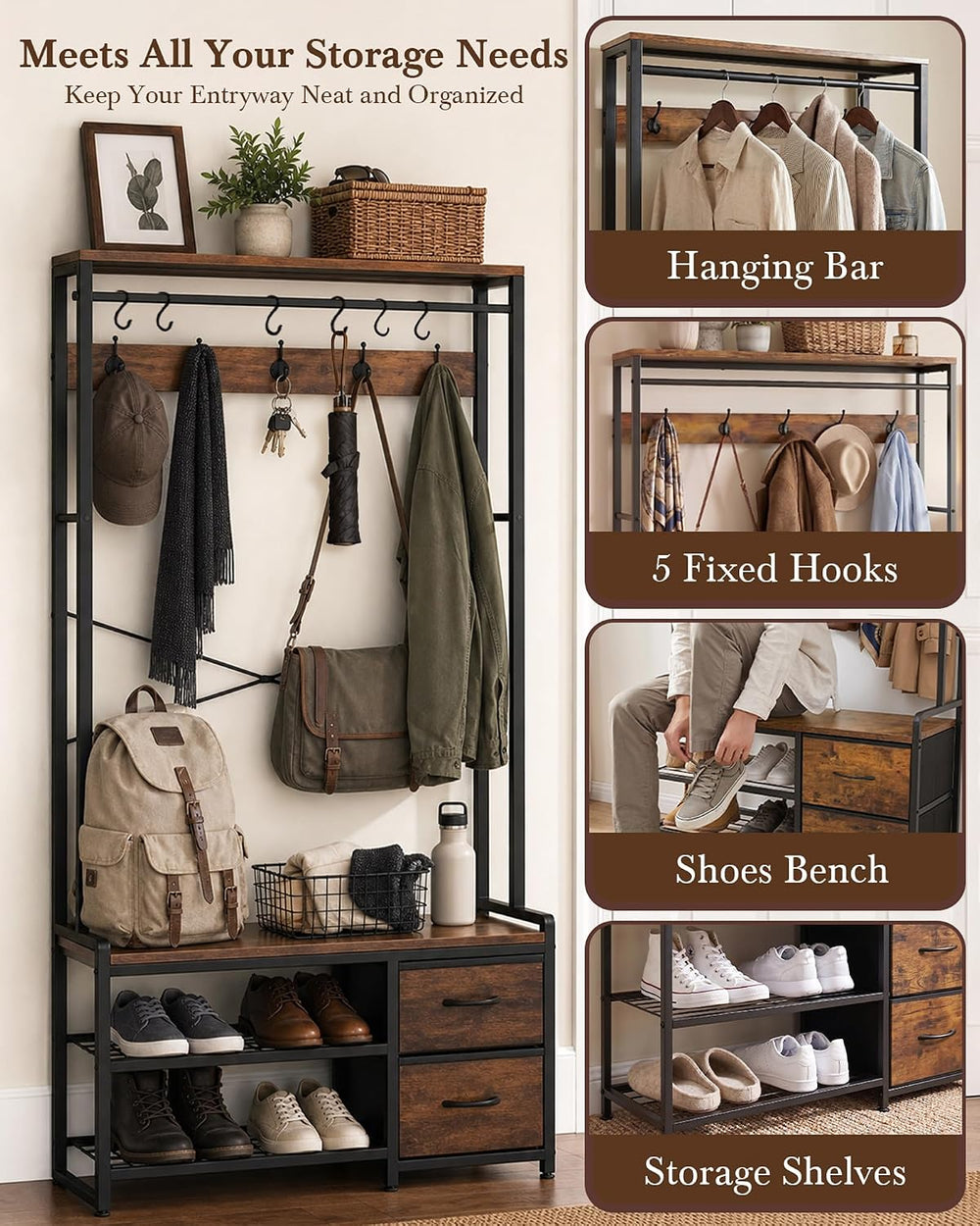 Faesun Hall Tree with Bench and Shoe Storage, Rustic Brown