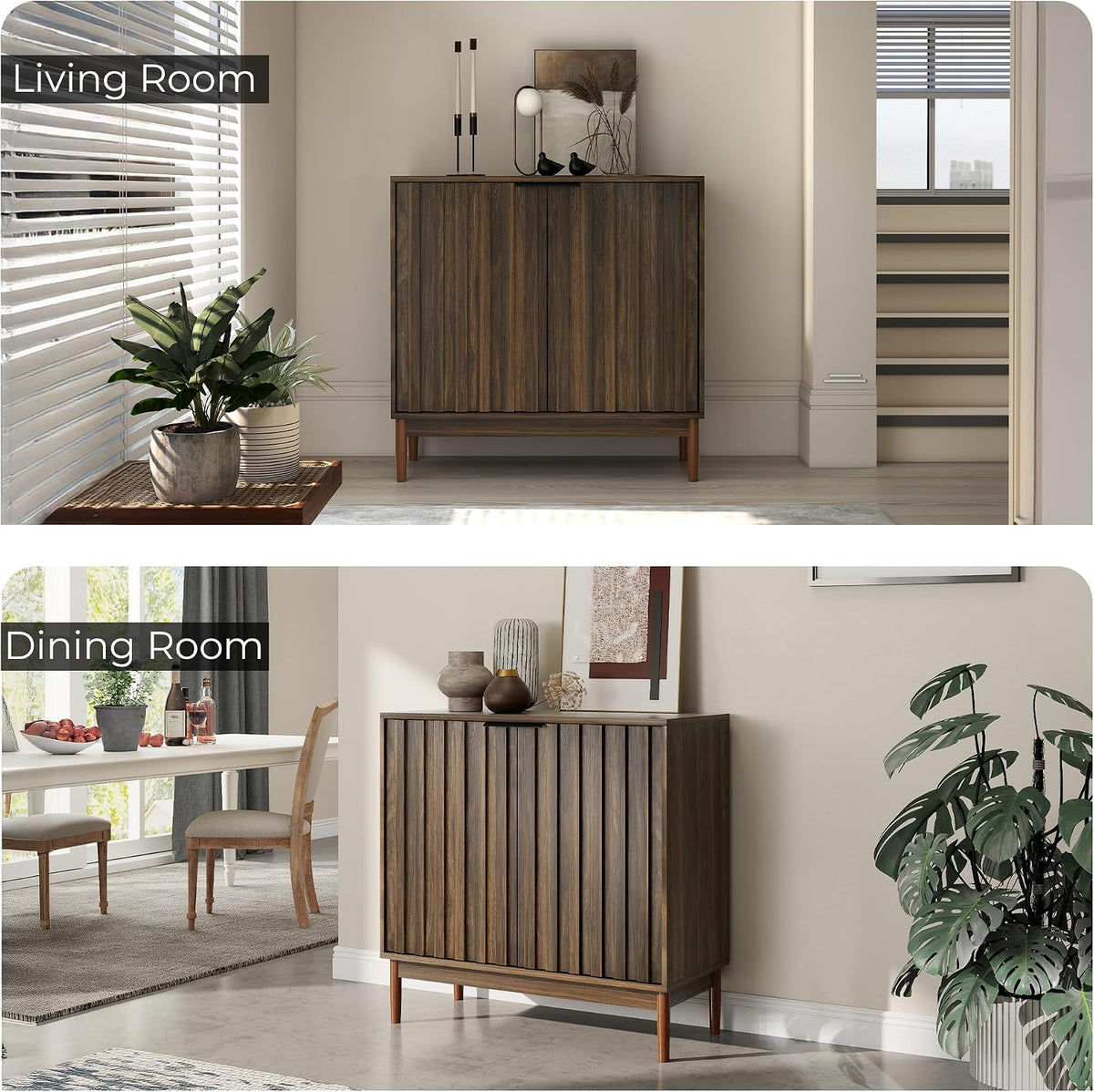 Fluted Buffet Cabinet with Storage, Small Accent Cabinet, Brown