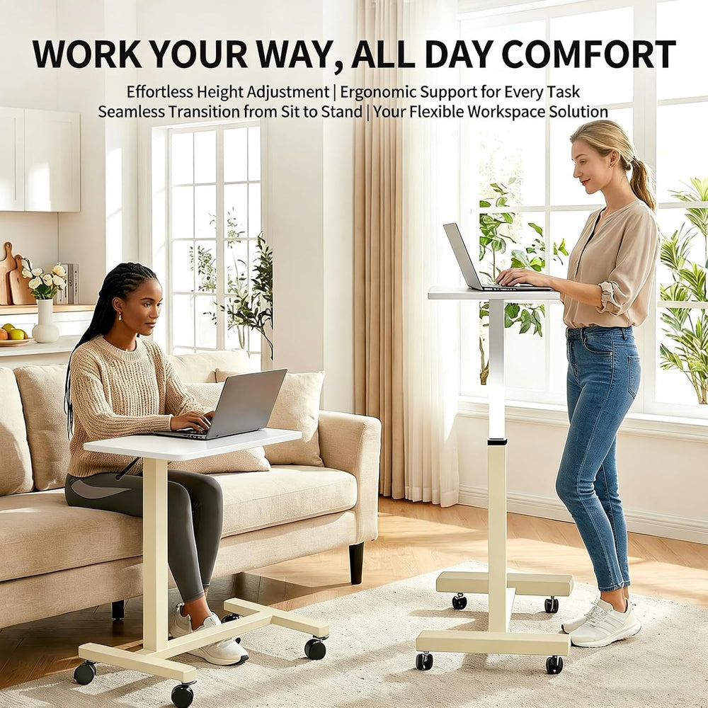 Adjustable Overbed Table with Wheels, Pneumatic Height Lift Rolling Bedside T...