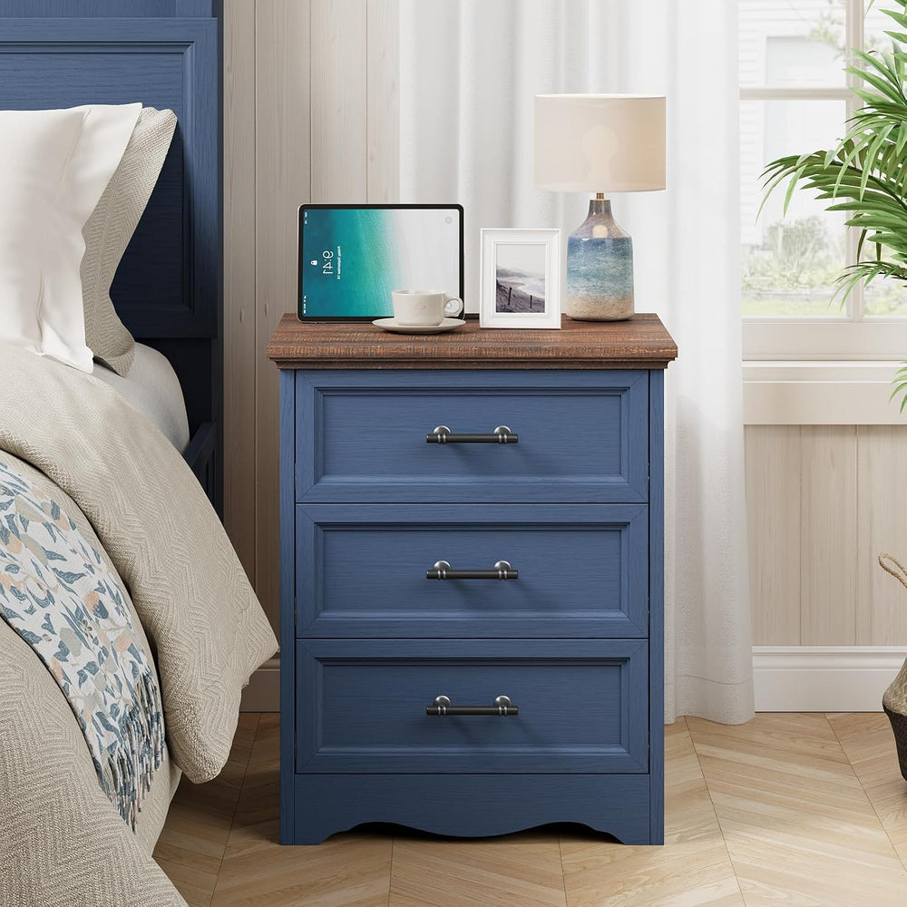 Farmhouse Nightstand with Charging Station, Blue Wood Bedside Table & End...