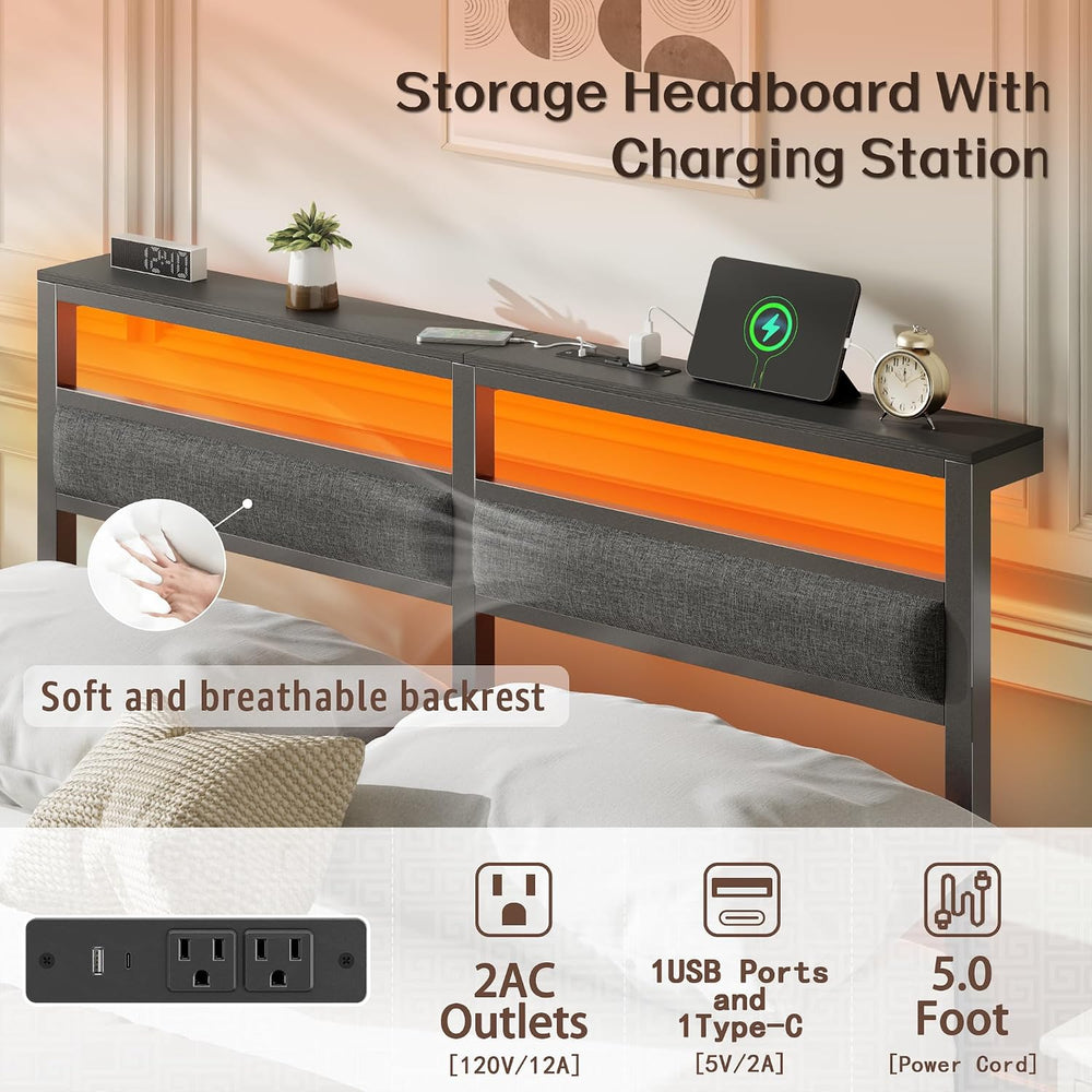 OURPIC Full Size Bed Frame with LED Lights & Charging, Black Platform Bed