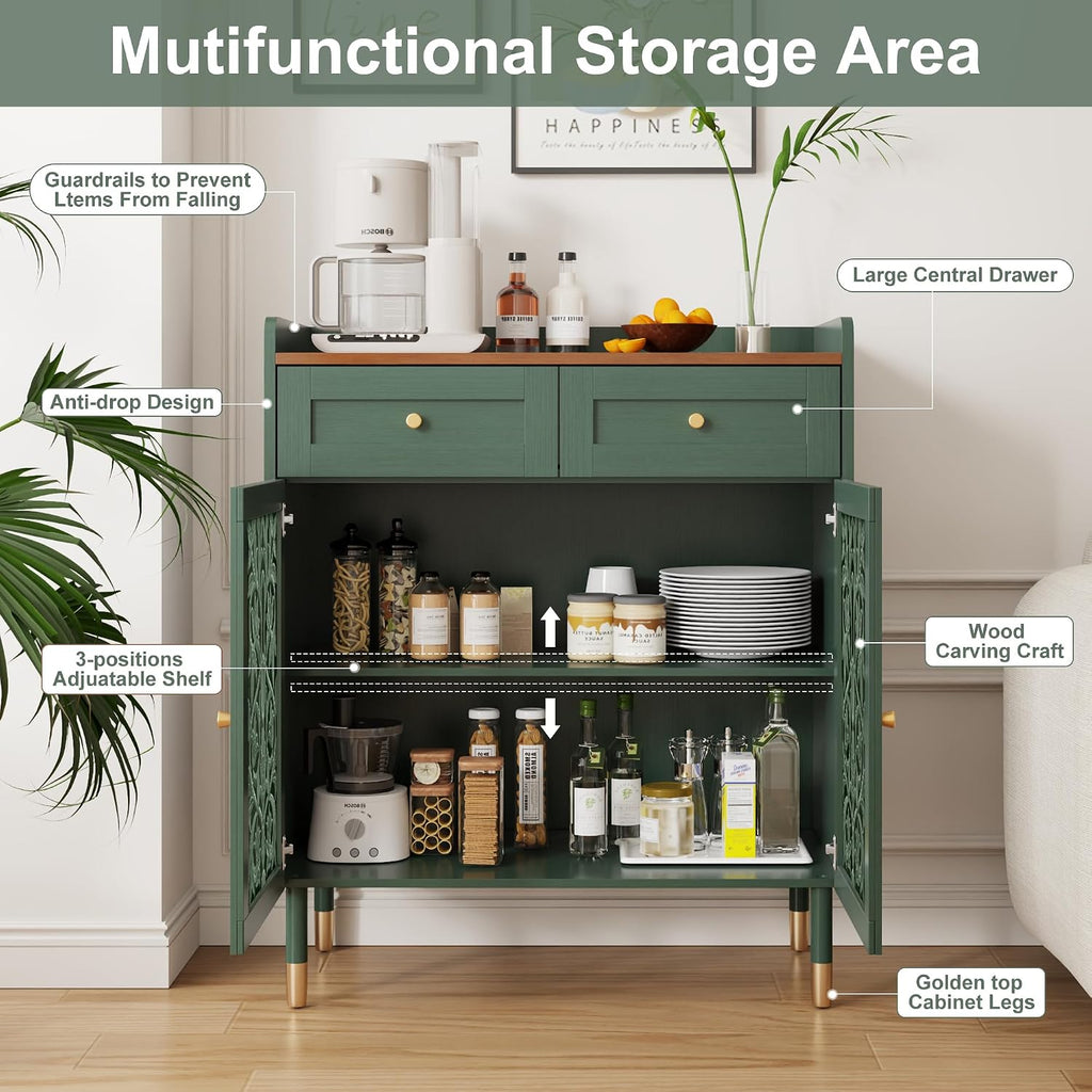 3More 2 Door Retro Carving Sideboard Buffet Cabinet with 1 Drawer, Green
