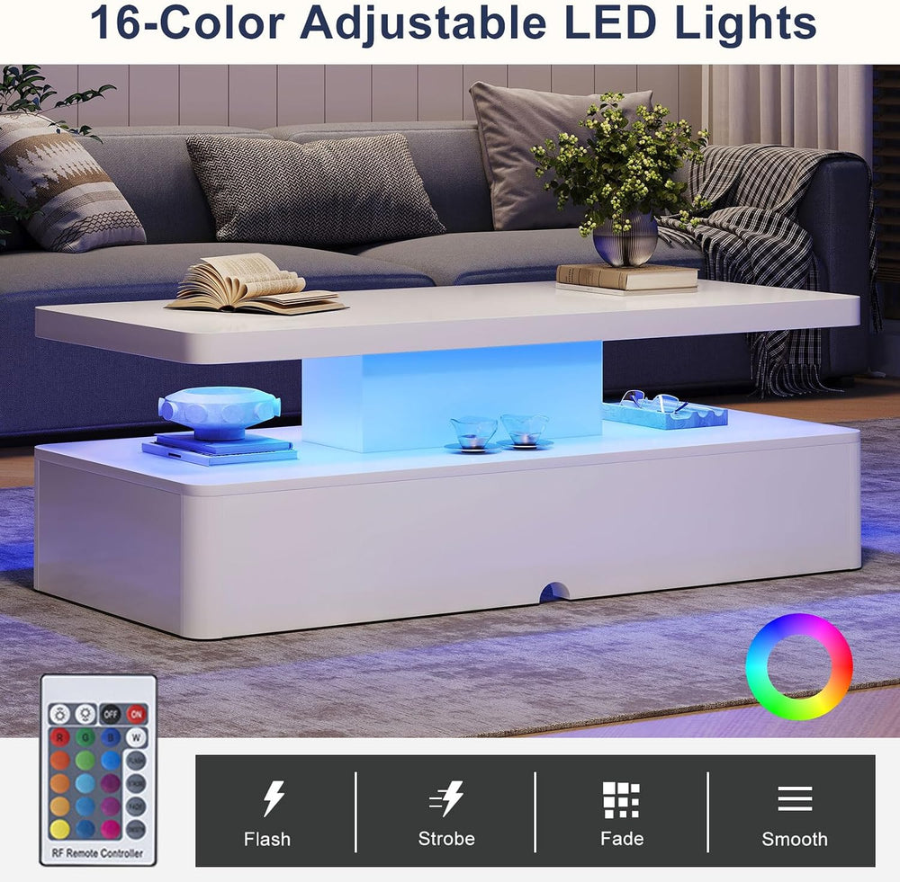 MXV 47" Modern Coffee Table with 16 Color LED Lights, 2 Tier Rectangular...