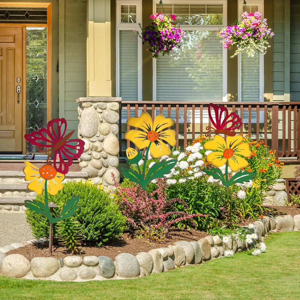 3-Pack Metal Flowers for Outside, 30-Inch Metal Yard Art