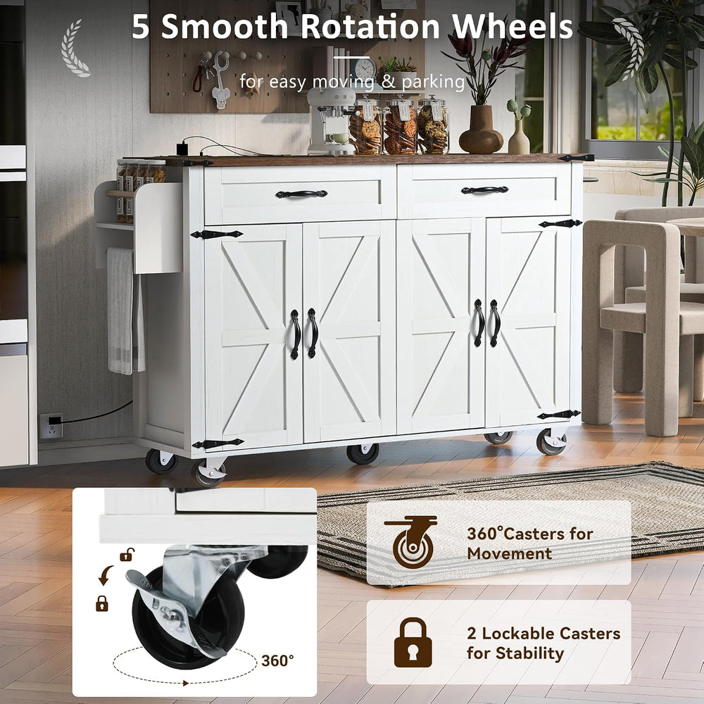 53 in Rolling Kitchen Island Cart with Storage & Power Outlet, Retro White