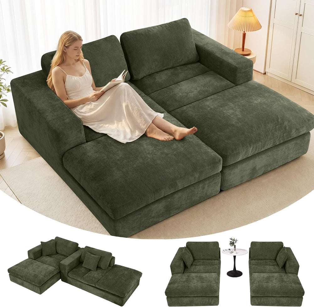Oversized Double Chaise Lounge Chair, Cloud Boneless Sofa Bed, Green