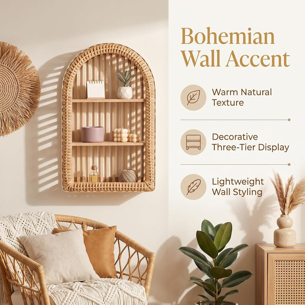 Rattan Wall Shelf - 3 Tier Boho Arched Wicker Hanging Shelves