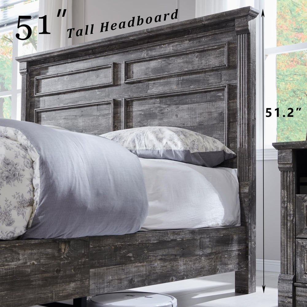 Aitjunz Farmhouse Queen Size Bed Frame w/51 Tall Headboard, Light Grey
