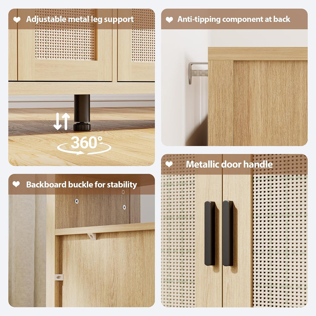 Mericonia Rattan Buffet Cabinet with Storage, Sideboard with Doors, Console Table, Farmhouse Coffee Bar, Modern Wood Storage Cabinets(Oak 2.0)