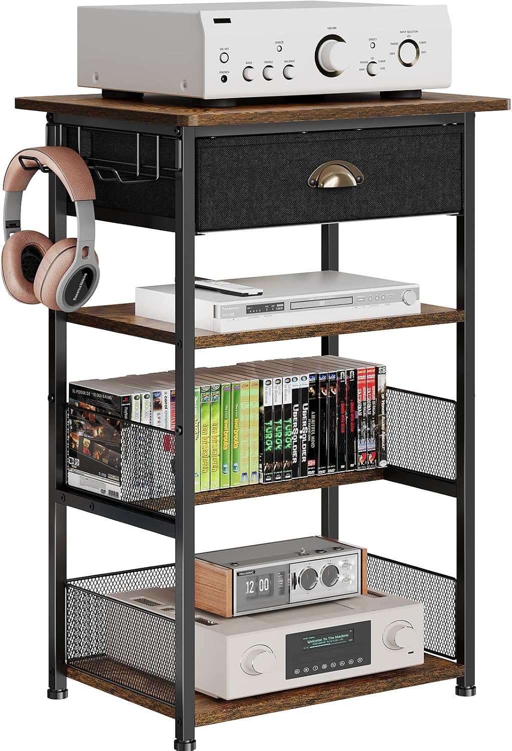 Hongtamoya 4-Tier AV Media Stand with Drawer, Gaming Console Shelf