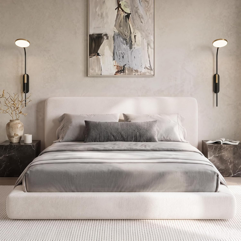 King Upholstered Bed Frame, King Size Cloud Bed Frame, White Platform Bed