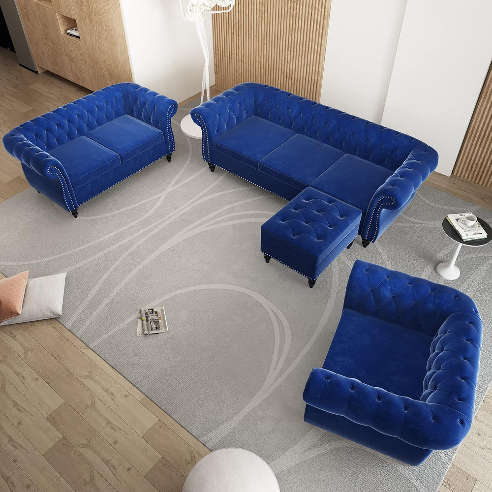 3 Piece Living Room Set, Chesterfield Velvet Sofa Loveseat Couch Chair with S...