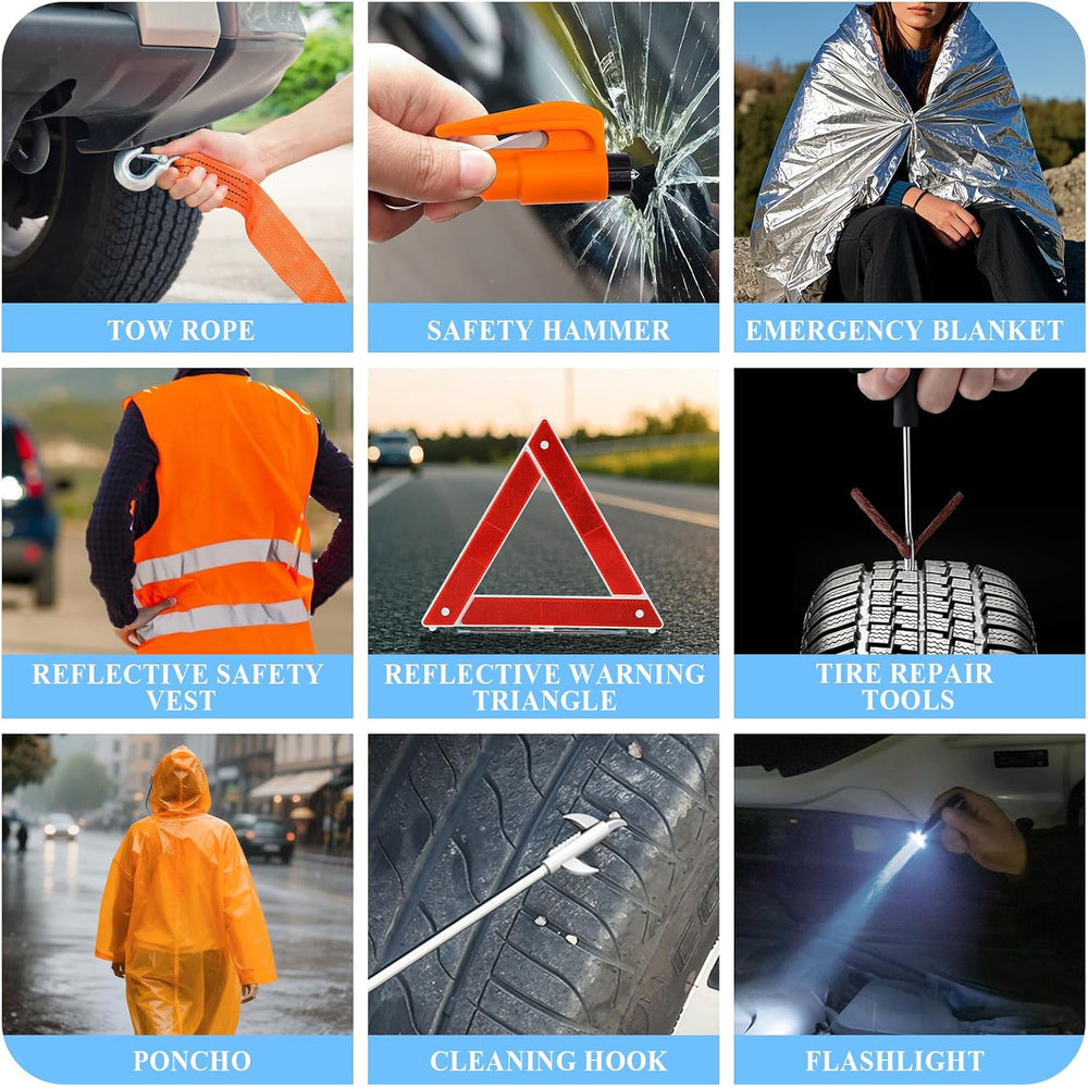 Car Emergency Roadside Assistance Kit with Jumper Cables Tire Inflator Automo...