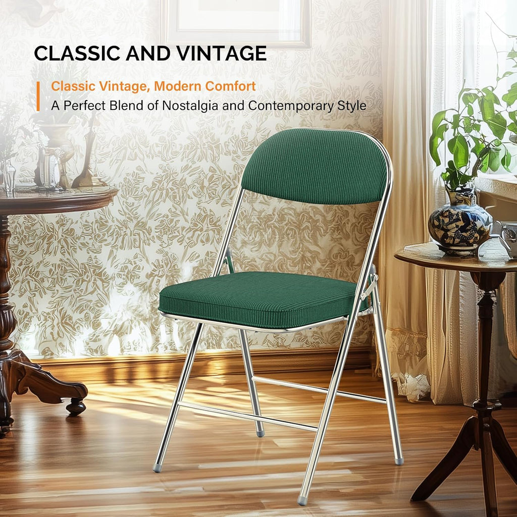VINGLI Folding Chairs with Padded Seat & Backrest, Metal Frame, Durable Corduroy Fabric, 350 lbs Capacity, Set of 1, Olive Green – Ideal for Weddings, Parties, Office Events