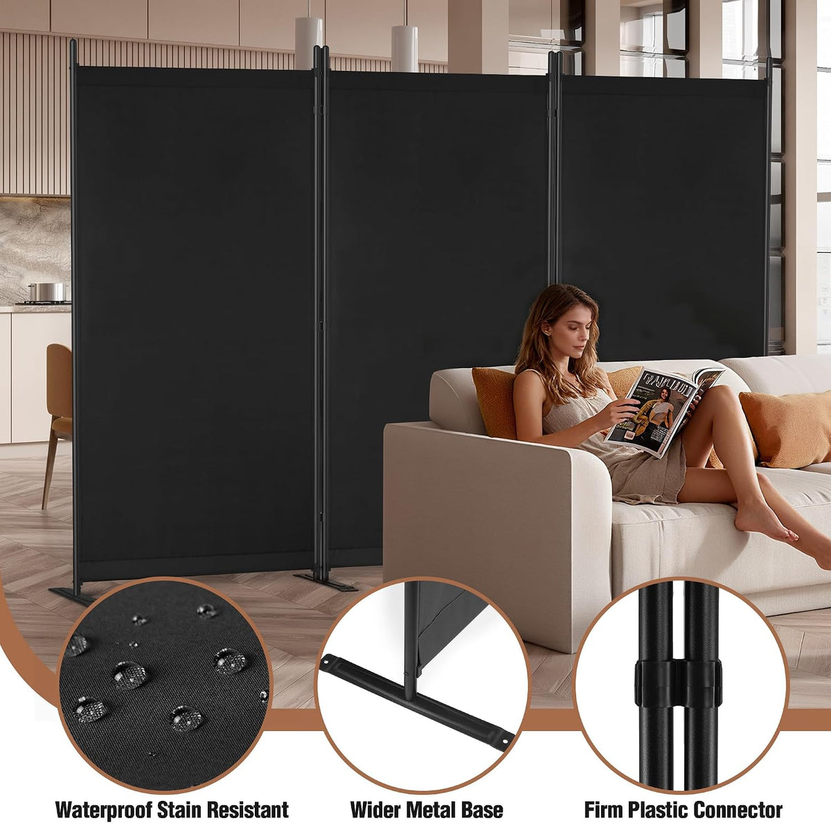 Room Divider 6FT Folding Privacy Screen for Room Separation, 3 Panel, Black