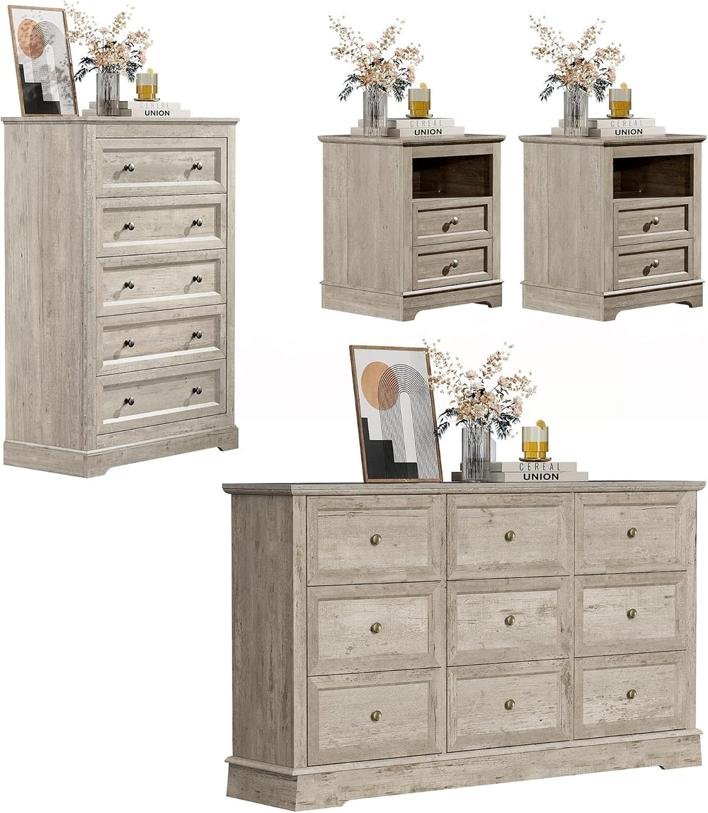KIGOTY Farmhouse Bedroom Set, 4 Pcs Dresser and Nightstand Sets, 9/5 Drawer D...