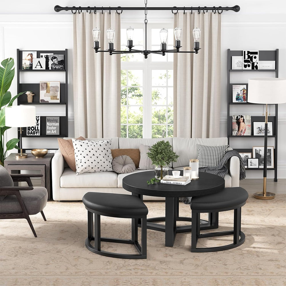 Round Coffee Table with Stools Underneath - 30 Inch Small Modern Tables Set w...