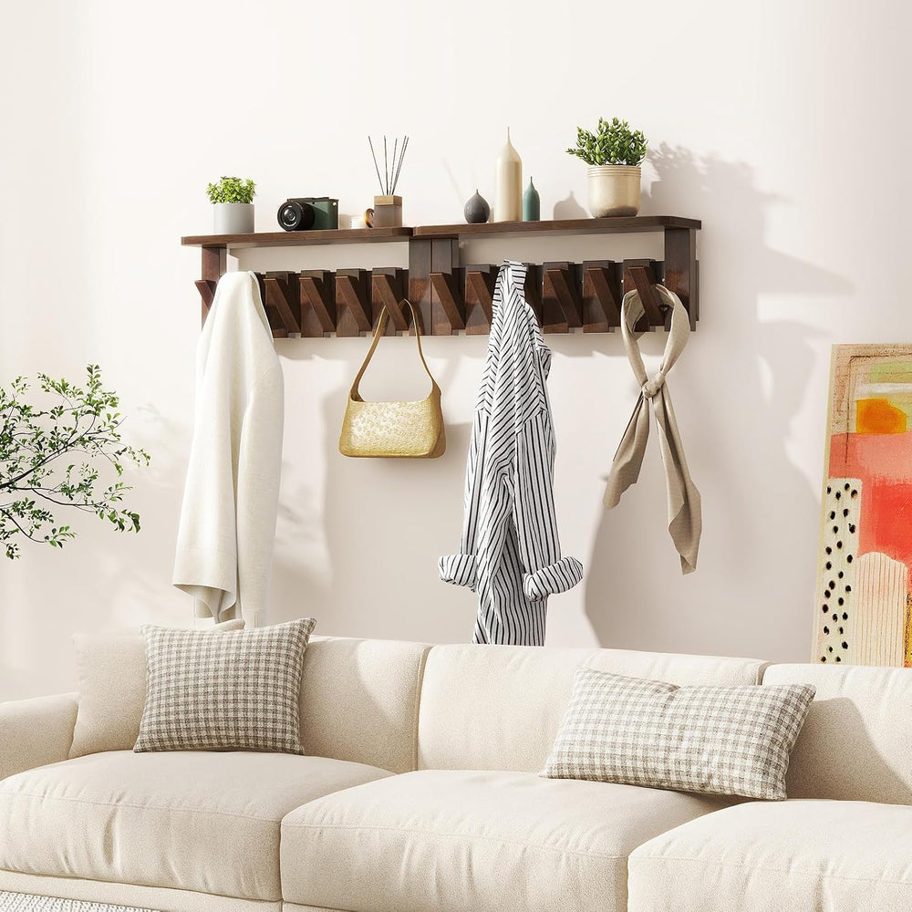 Piano Key Coat Rack Wall Mount with Shelf and 12 Hooks, Walnut HWS008H-2
