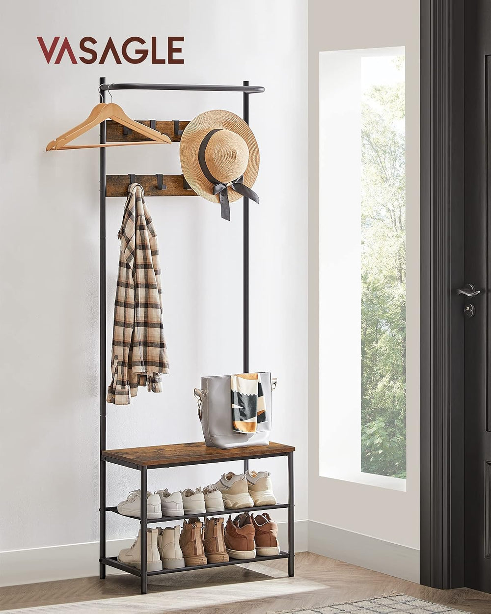 VASAGLE Hall Tree with Bench and Shoe Storage, 9 Movable Hooks, Top Bar