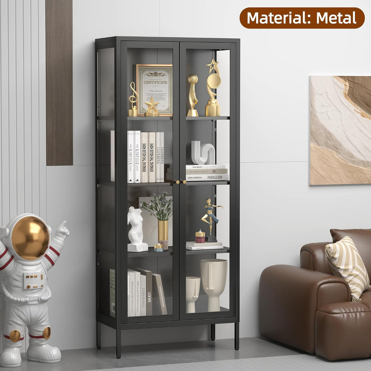 UNICOLY Glass Display Cabinet 4-Tier, Display Cabinet with Glass Doors