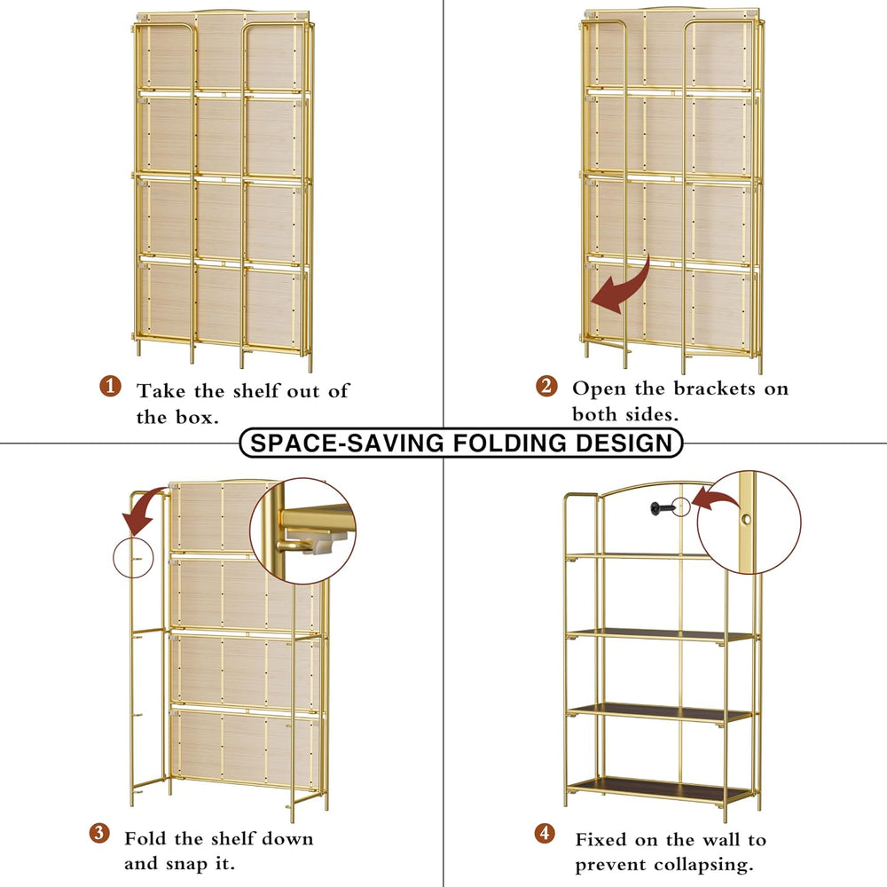 Crofy 4-Tier Wider Foldable Bookshelf, Gold Frame & Walnut Shelves