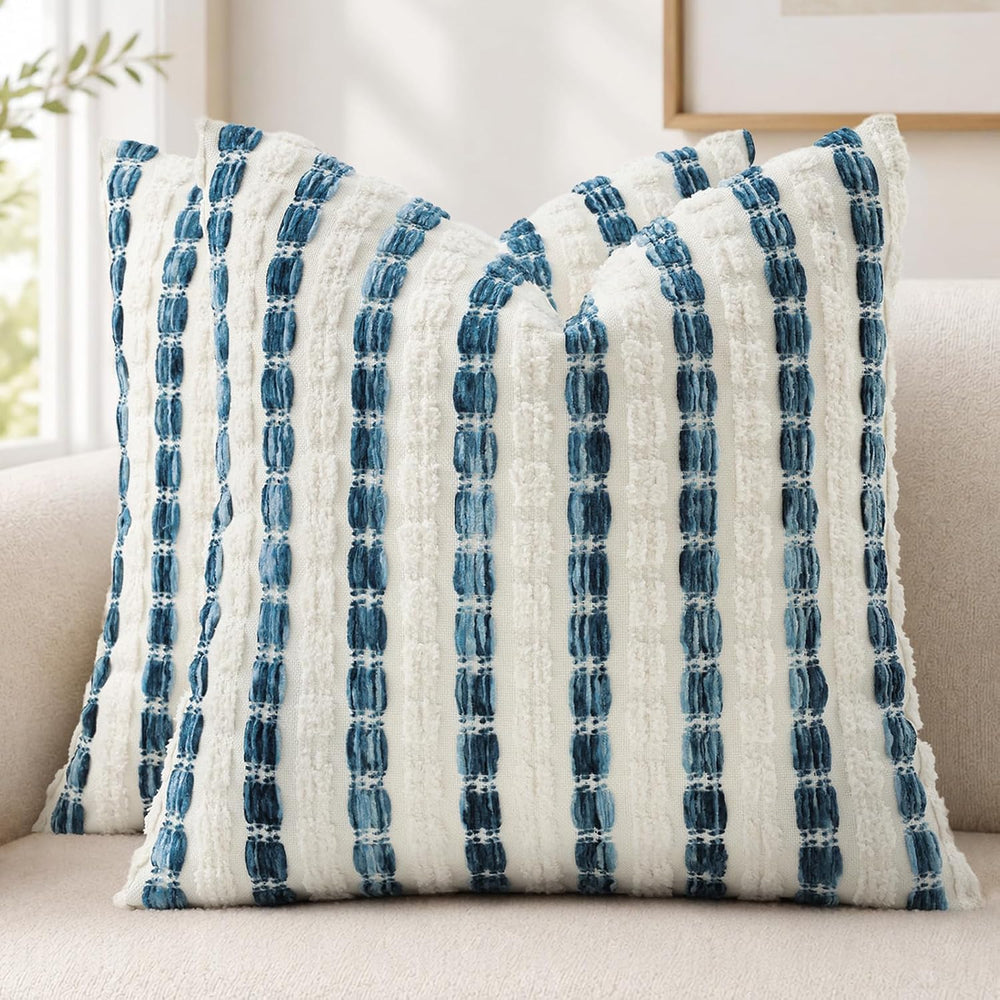 decorUhome Chenille Tufted Stripe Throw Pillow Covers 20x20 Set of 2 Blue