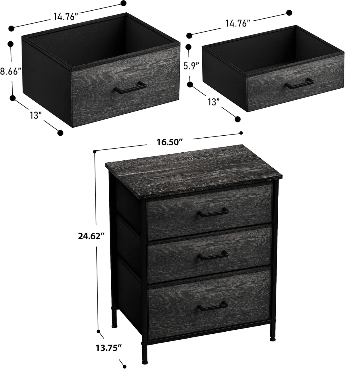 sorbus nightstand for bedroom (3 multi-sized drawers, gray, side view