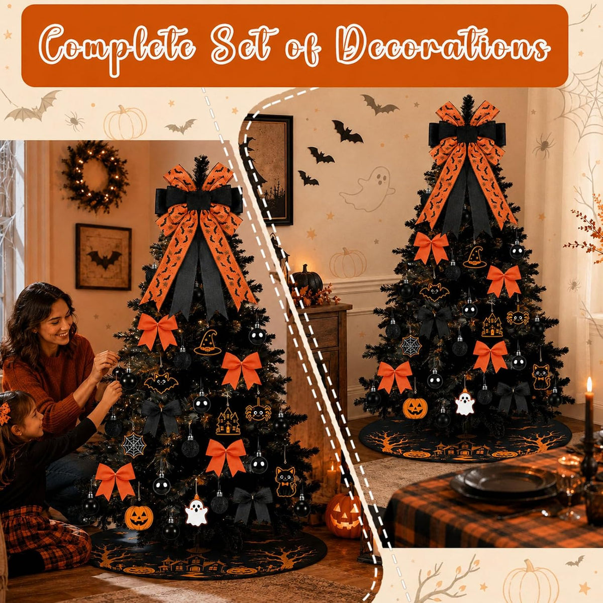 39 Pcs Halloween Tree Decorations with Ornaments Tags Bows and Tree Skirt
