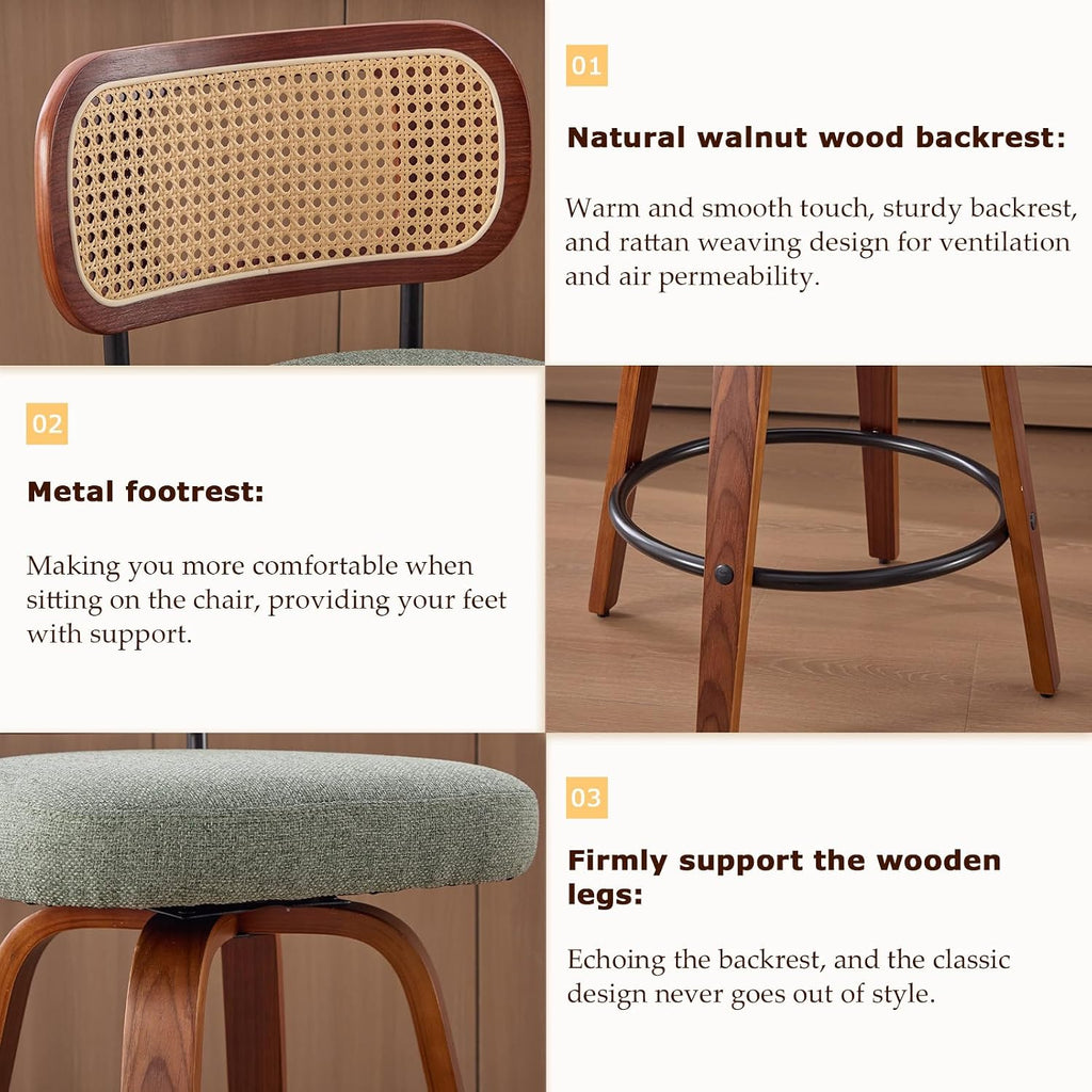 SoarFlash Modern Swivel Bar Stools Set of 3, 26" Counter Height Bar Stools with Walnut Wood Legs, Rattan-Back, PU Leather/Linen Seat, Metal Footrest for Kitchen Island