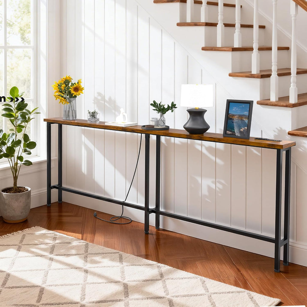 GRLEAF 63" Narrow Console Sofa Table with Built-in Power Strip (2 AC Outlets & 2 USB Ports) – 4.9ft Power Cord, Metal Frame, Easy Assembly, Ideal for Behind Couch, Hallway, and Office | Rustic Brown
