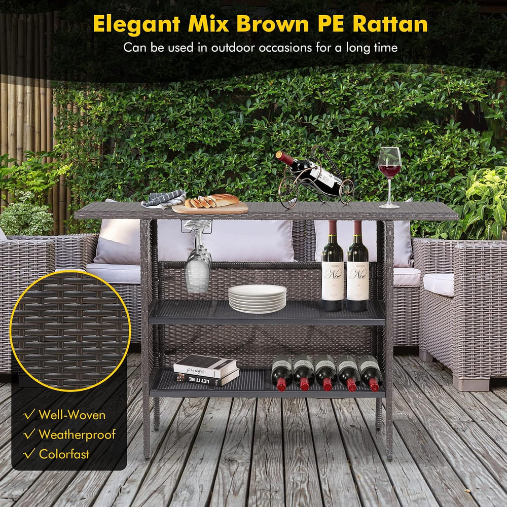 GIANTEX Outdoor Patio Wicker Bar Table, 2 Storage Shelves, 55''W Tabl...